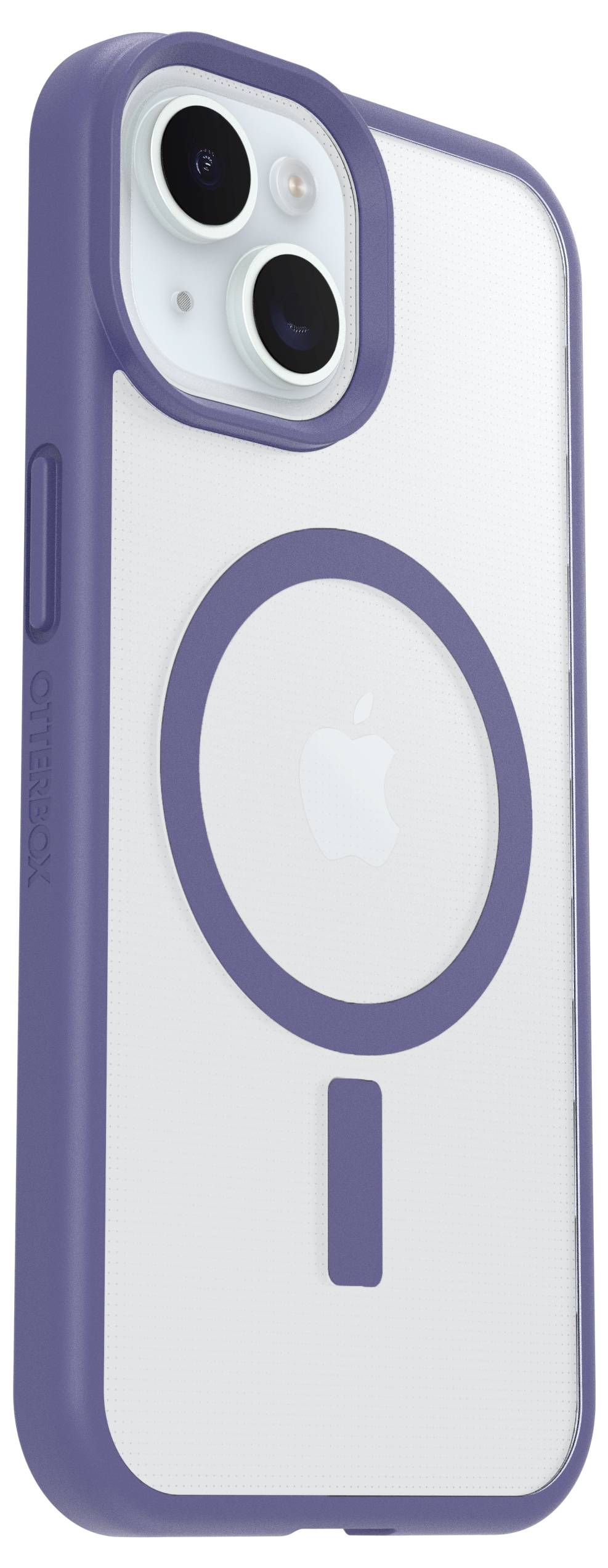 Un smartphone avec une coque de protection violette d'OtterBox qui prend en charge les accessoires MagSafe. La coque présente un design circulaire.