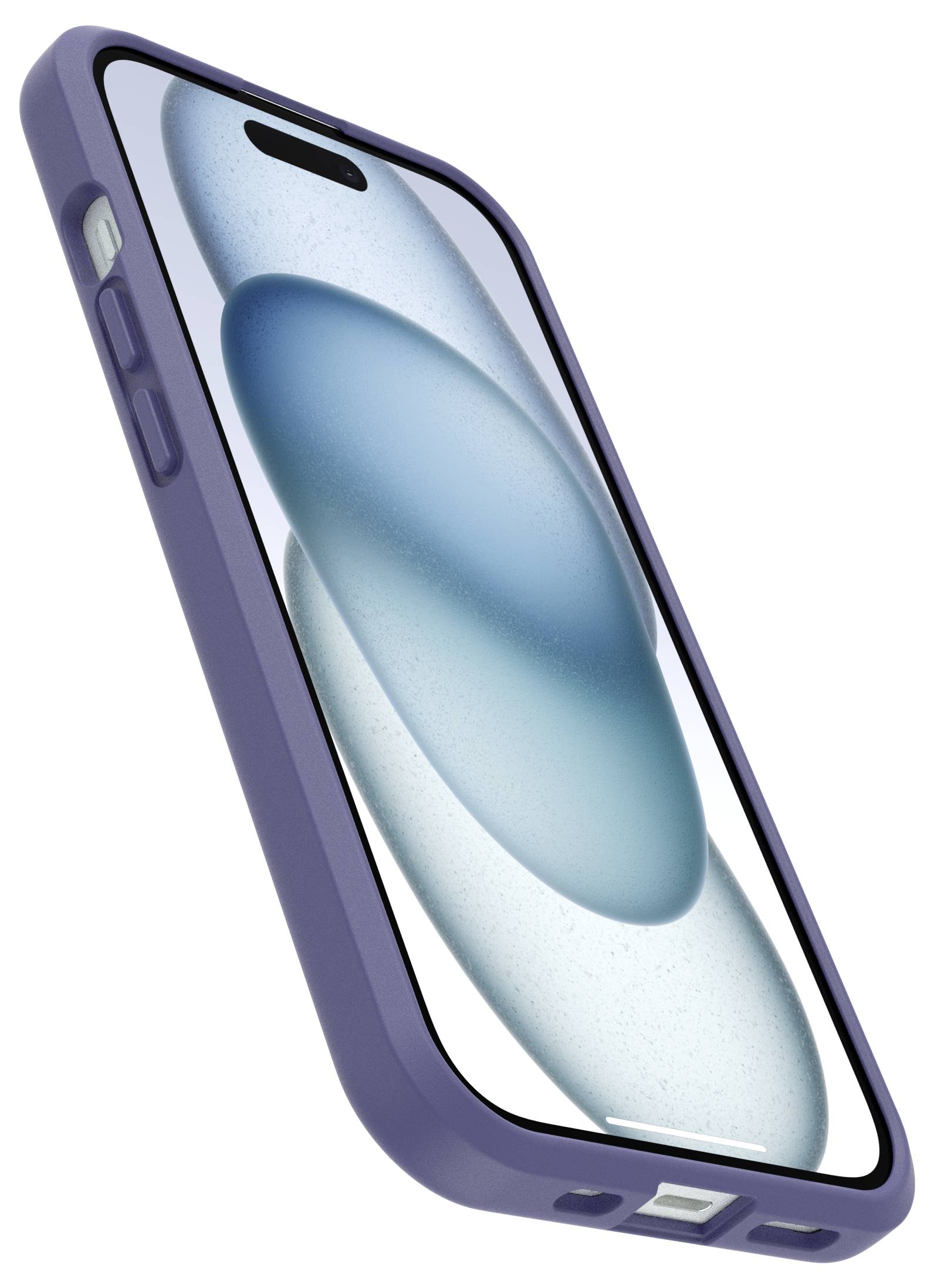 Un smartphone avec une coque bleu foncé, dont l'écran affiche un motif abstrait bleu-vert. L'appareil est présenté légèrement en biais.