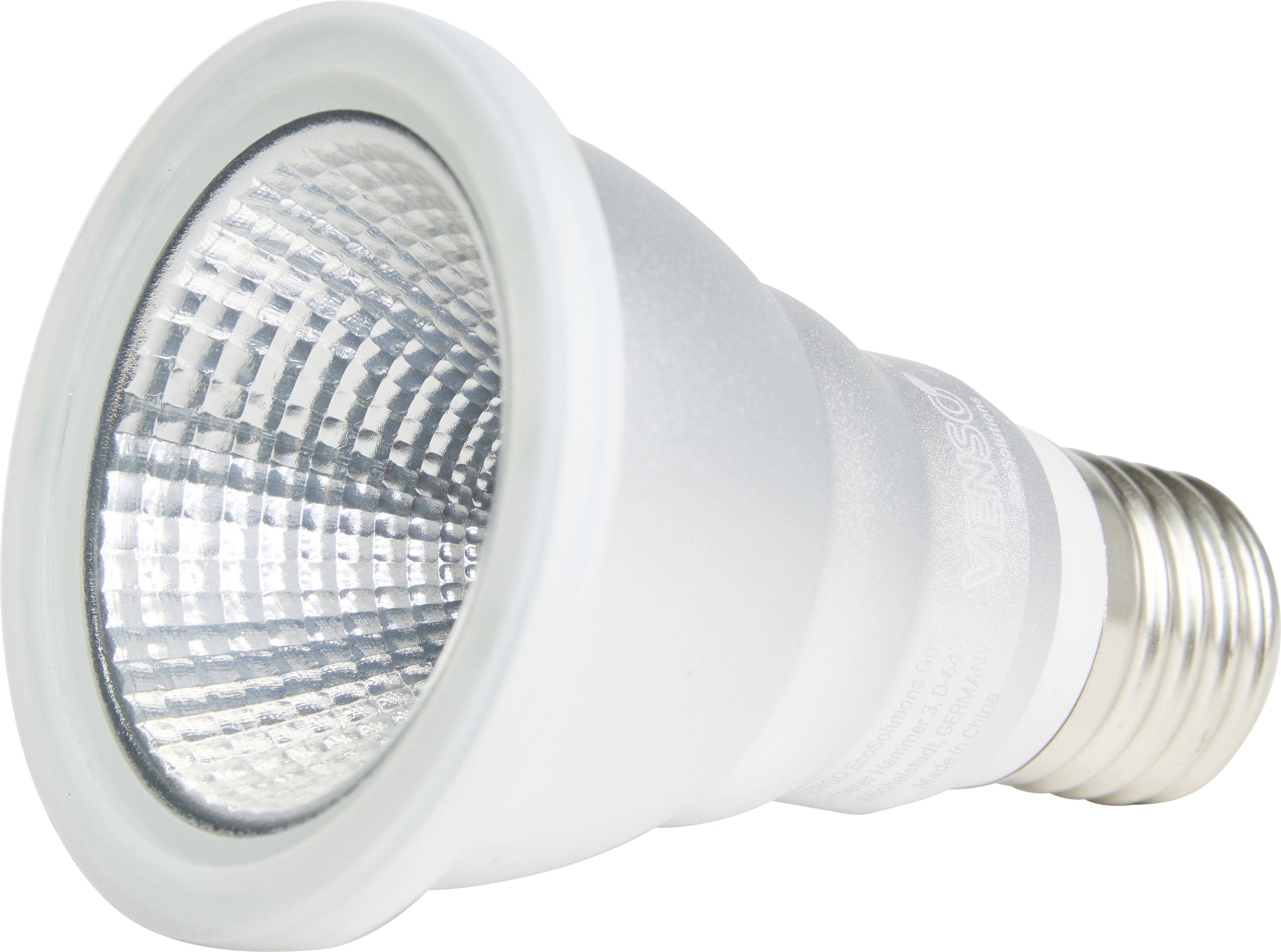 Une ampoule LED argentée avec culot E27, adaptée aux économies d'énergie, est posée horizontalement avec le verre orienté vers le haut.