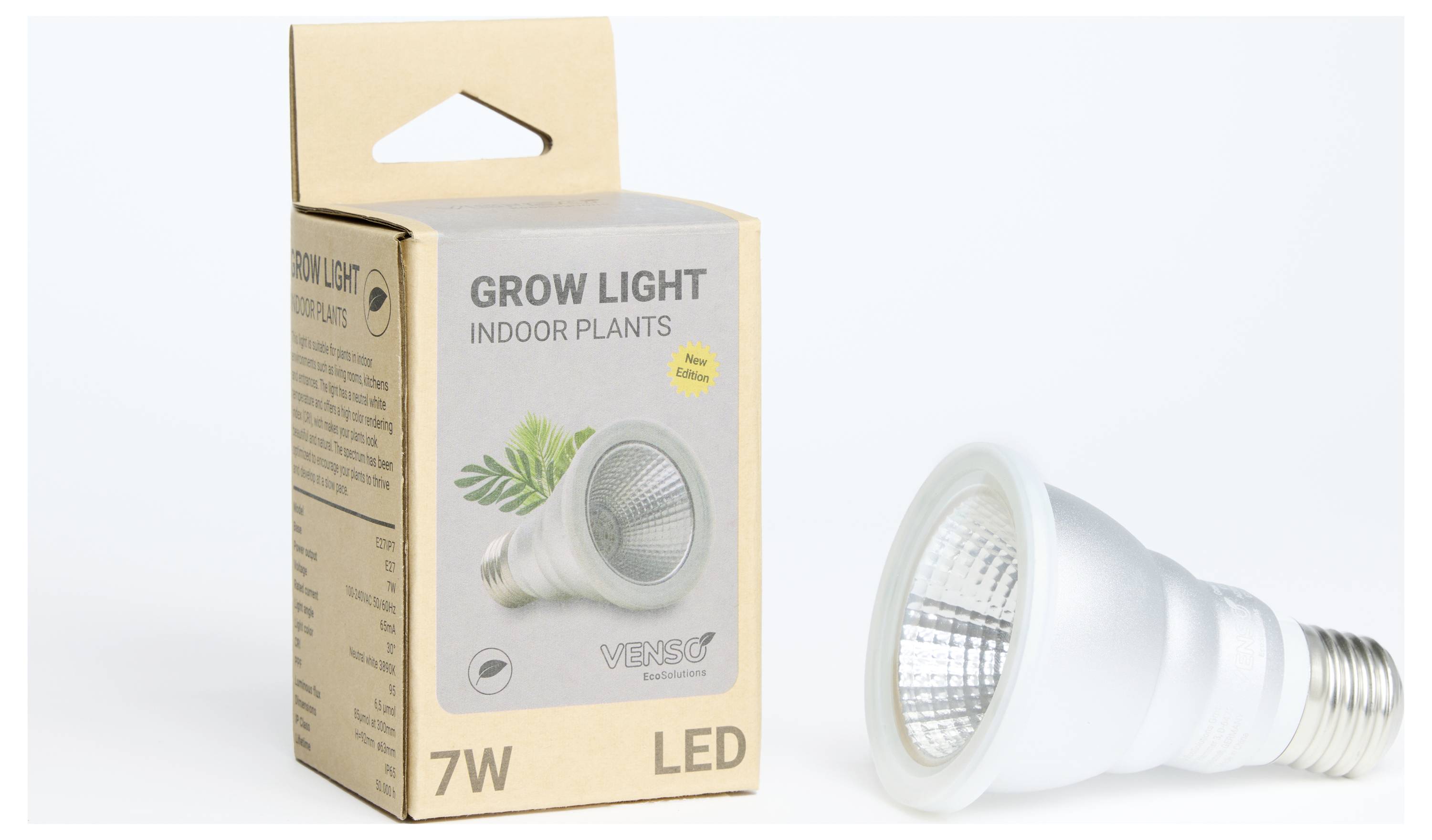 Une lampe LED pour plantes à côté de son emballage. Sur l'emballage est écrit 'Grow Light pour plantes d'intérieur', avec une image de plantes.