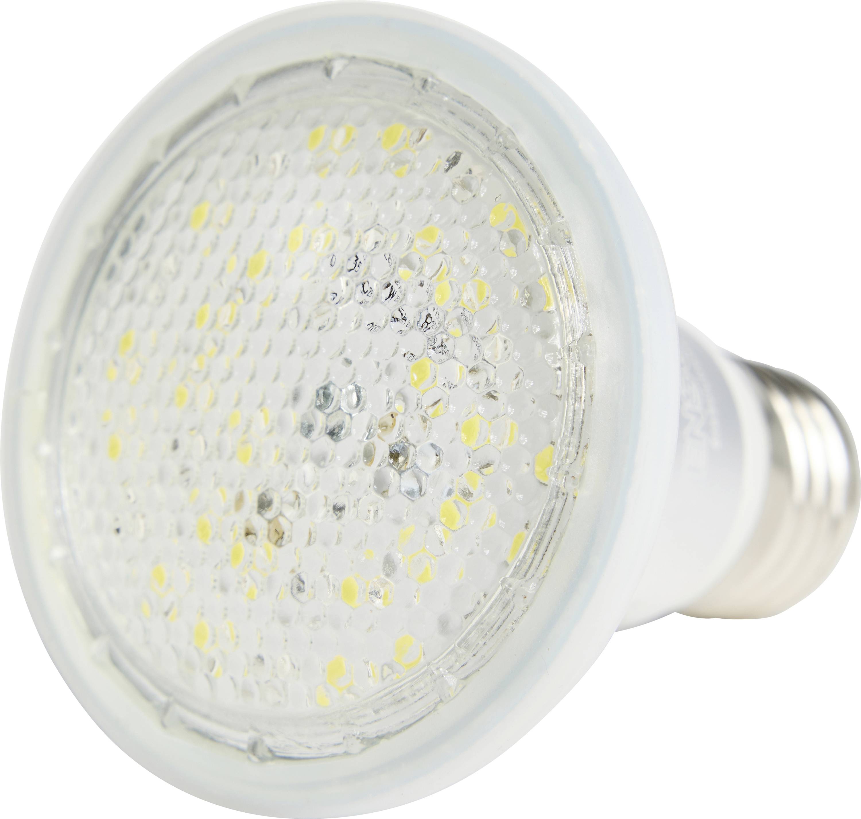 Ampoule LED avec diodes jaunes visibles, culot à vis de couleur argentée, adaptée pour un éclairage économe en énergie.