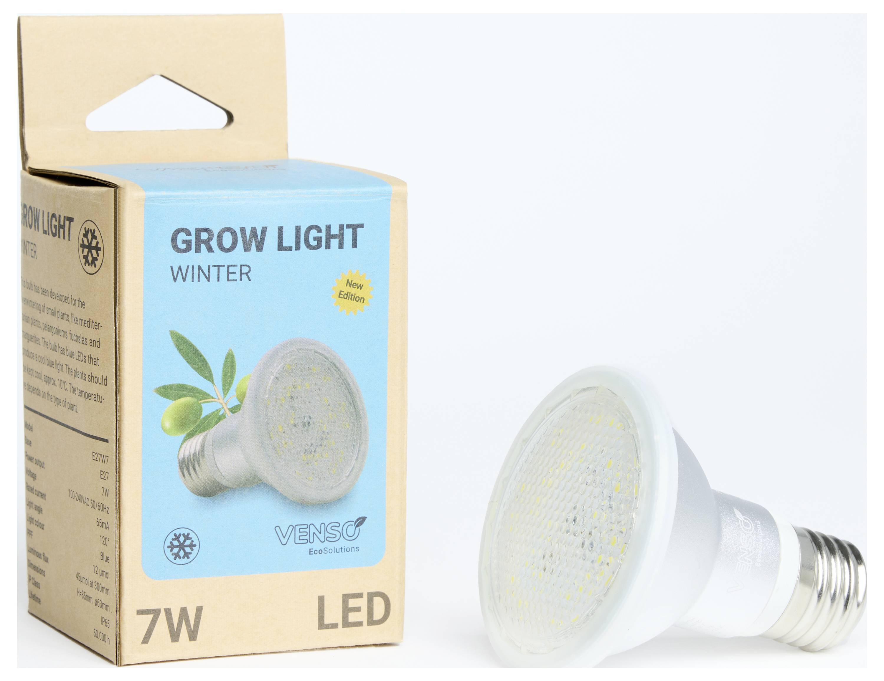 Une lampe de croissance LED et son emballage, désignée comme 'Grow Light Winter', avec une puissance de 7W, idéale pour les plantes.