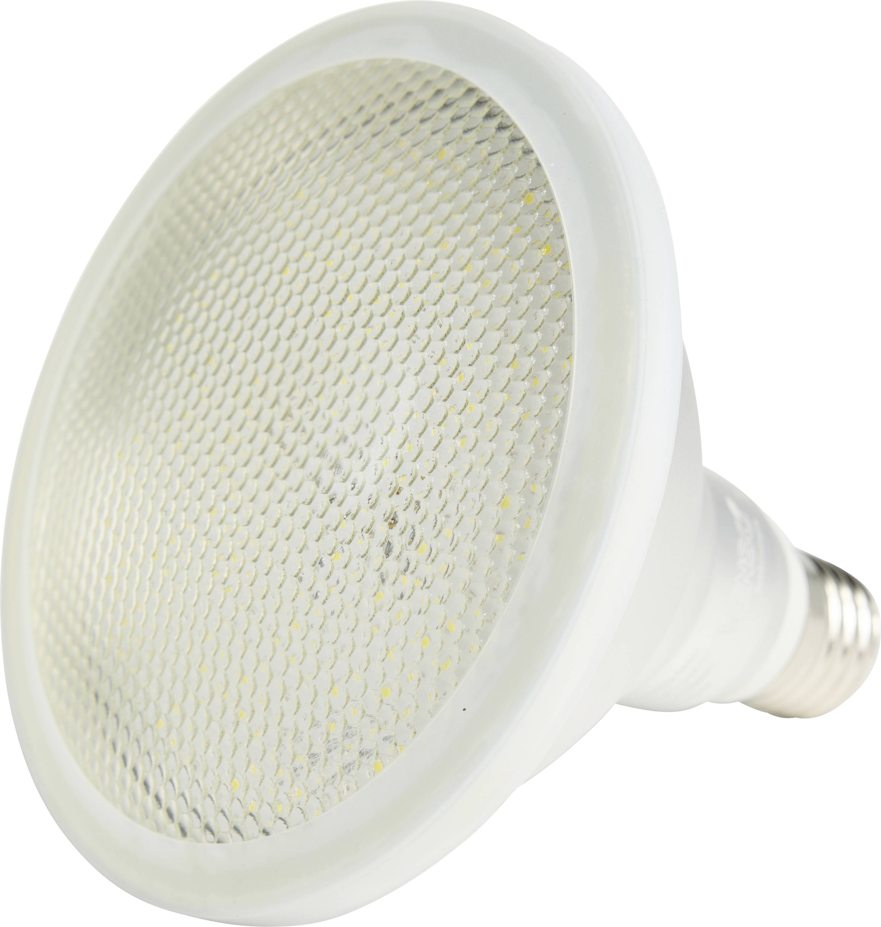 Une ampoule LED blanche avec une surface texturée et un culot à vis, adaptée à l'éclairage directionnel dans les espaces résidentiels.