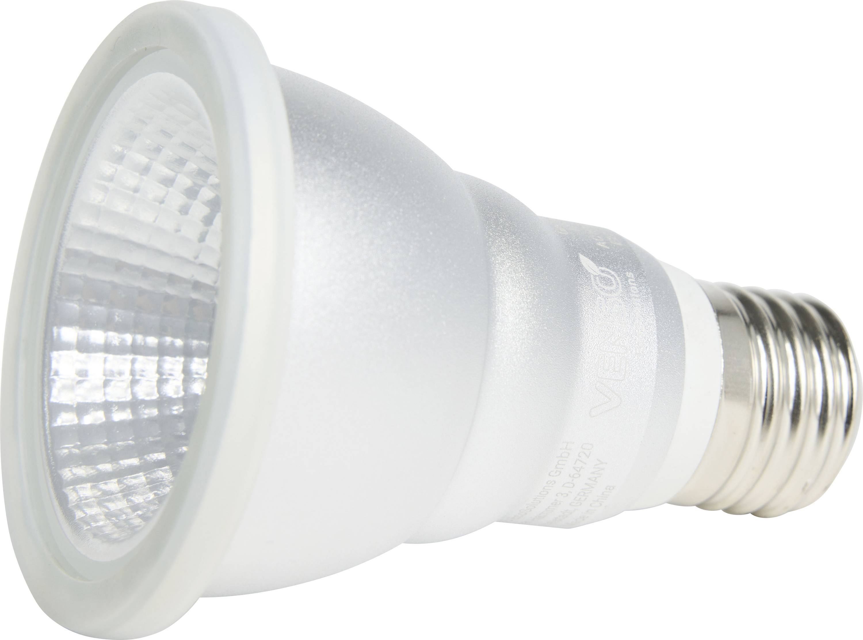 Une ampoule LED blanche avec culot E27, vue de profil. Elle possède un revêtement réfléchissant à l'intérieur.