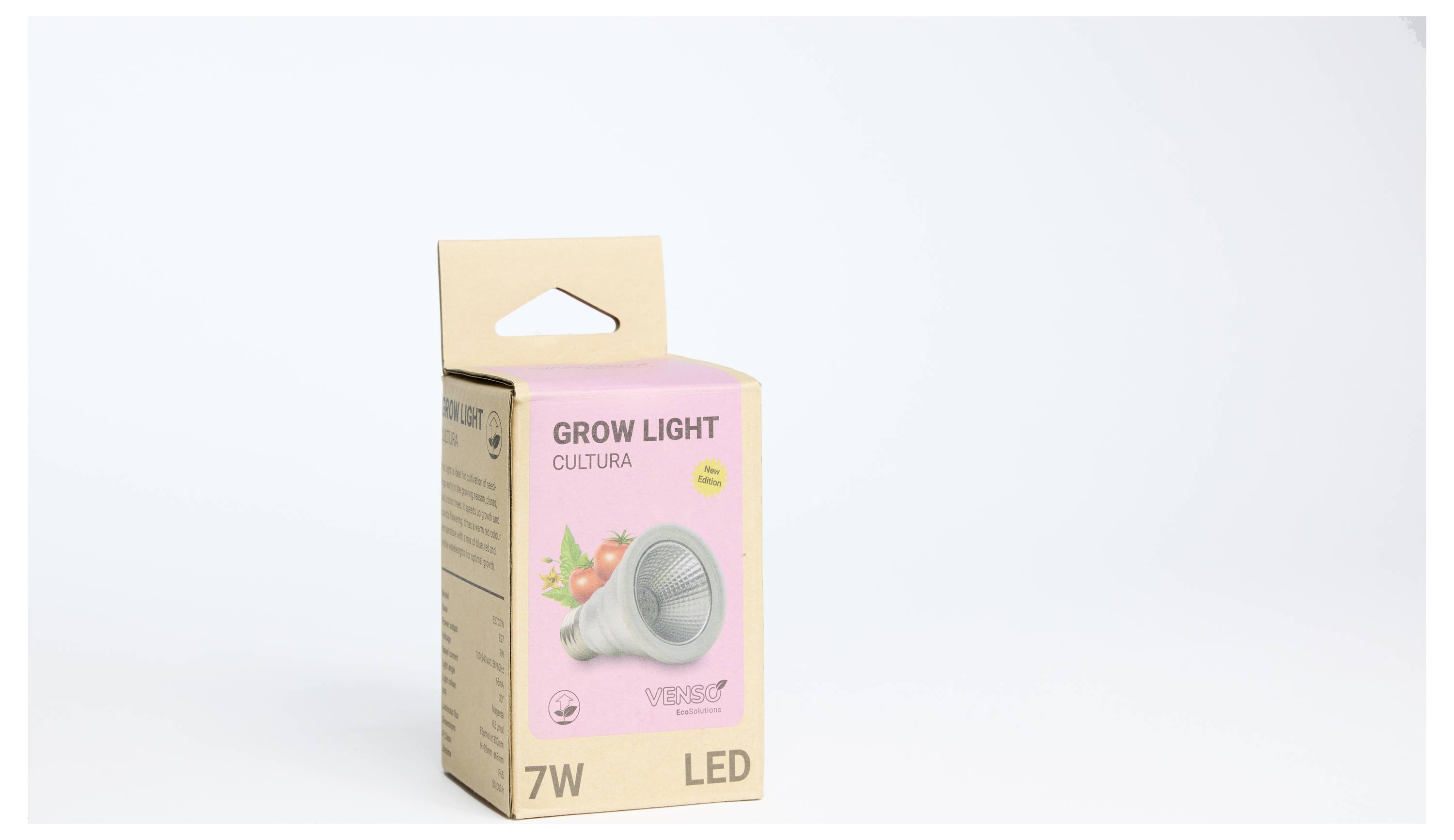 Boîte en carton avec l'inscription 'Grow Light 7W LED', montrant une image d'une lampe LED et des illustrations de plantes.
