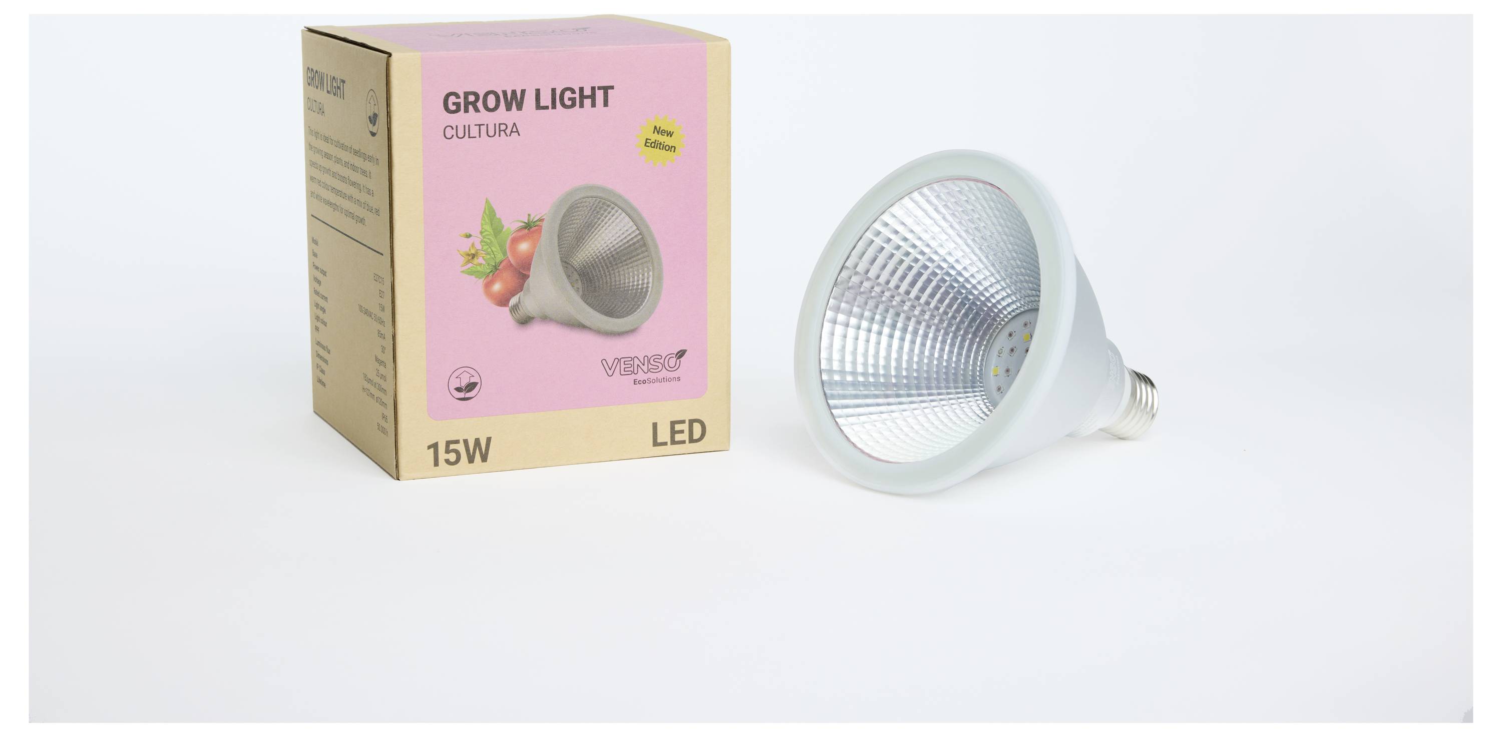 Une lampe de croissance LED (15W) et son emballage, qui favorise la croissance des plantes. L'emballage montre des tomates et les détails du produit.