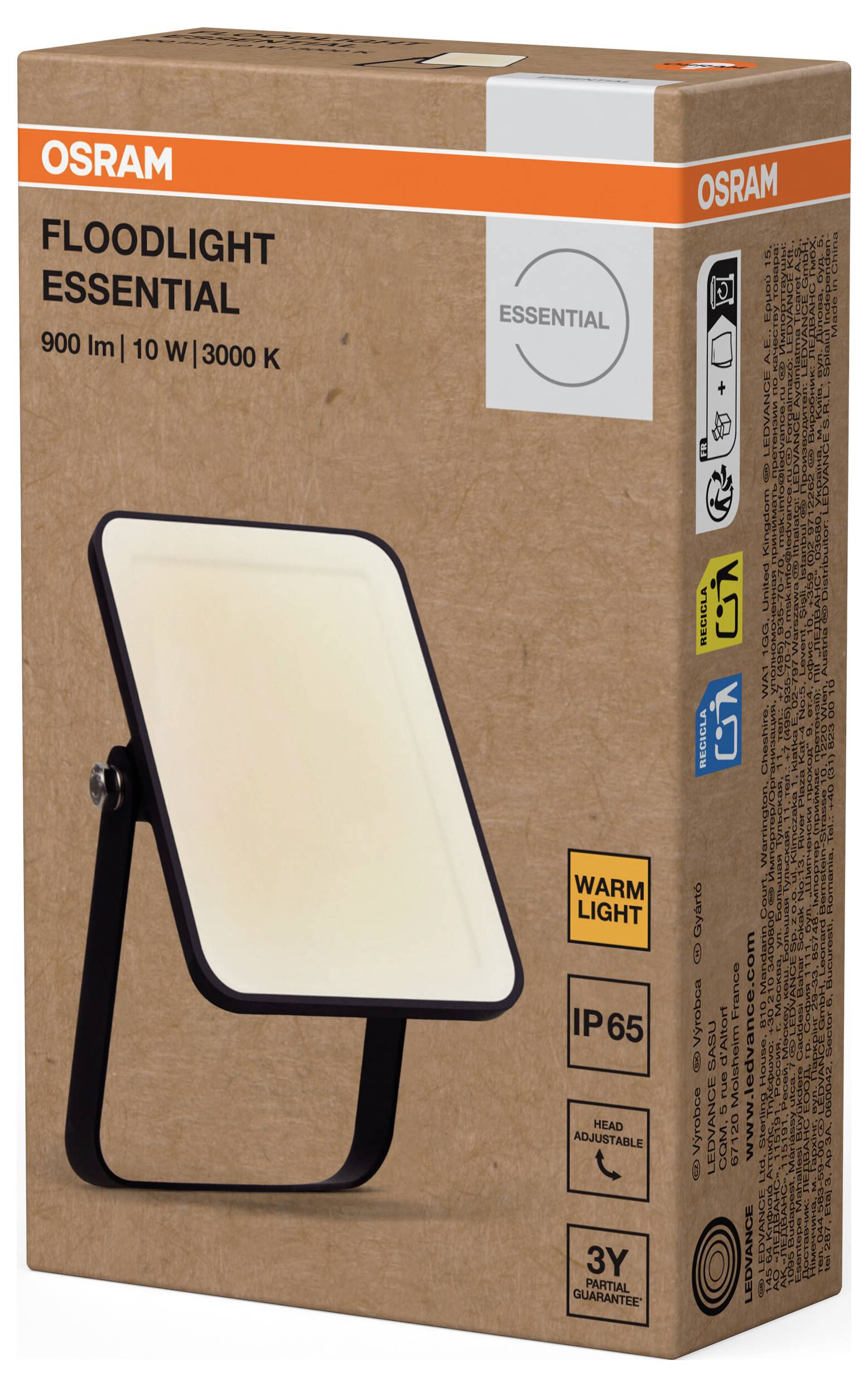 Projecteur OSRAM, modèle 'ESSENTIAL', 900 lumens, 10 watts, 3000 Kelvin. L'emballage montre la lampe, protection IP65 et marquage 'Warmlight'.