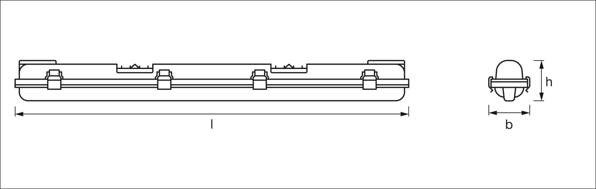 Dessin technique d'un boîtier allongé avec les dimensions 'l', 'b' et 'h'. Montre les vues latérale et frontale avec les éléments de fixation.