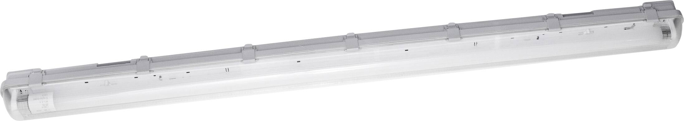 Un boîtier lumineux LED long et rectangulaire, transparent, avec couvercle de protection. Adapté à l'éclairage industriel ou commercial.