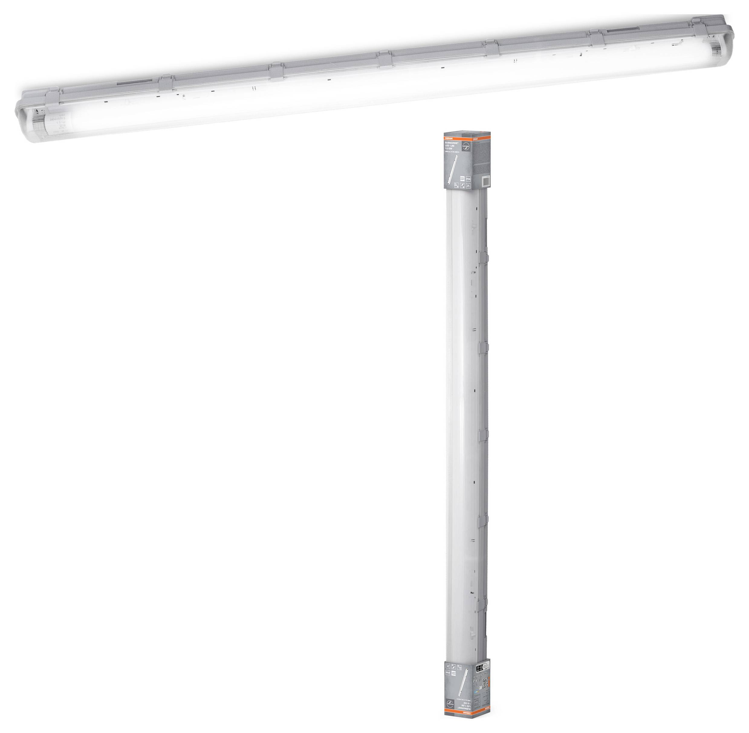 Un luminaire LED allongé dans un boîtier transparent, adapté aux environnements humides, présenté avec son emballage.