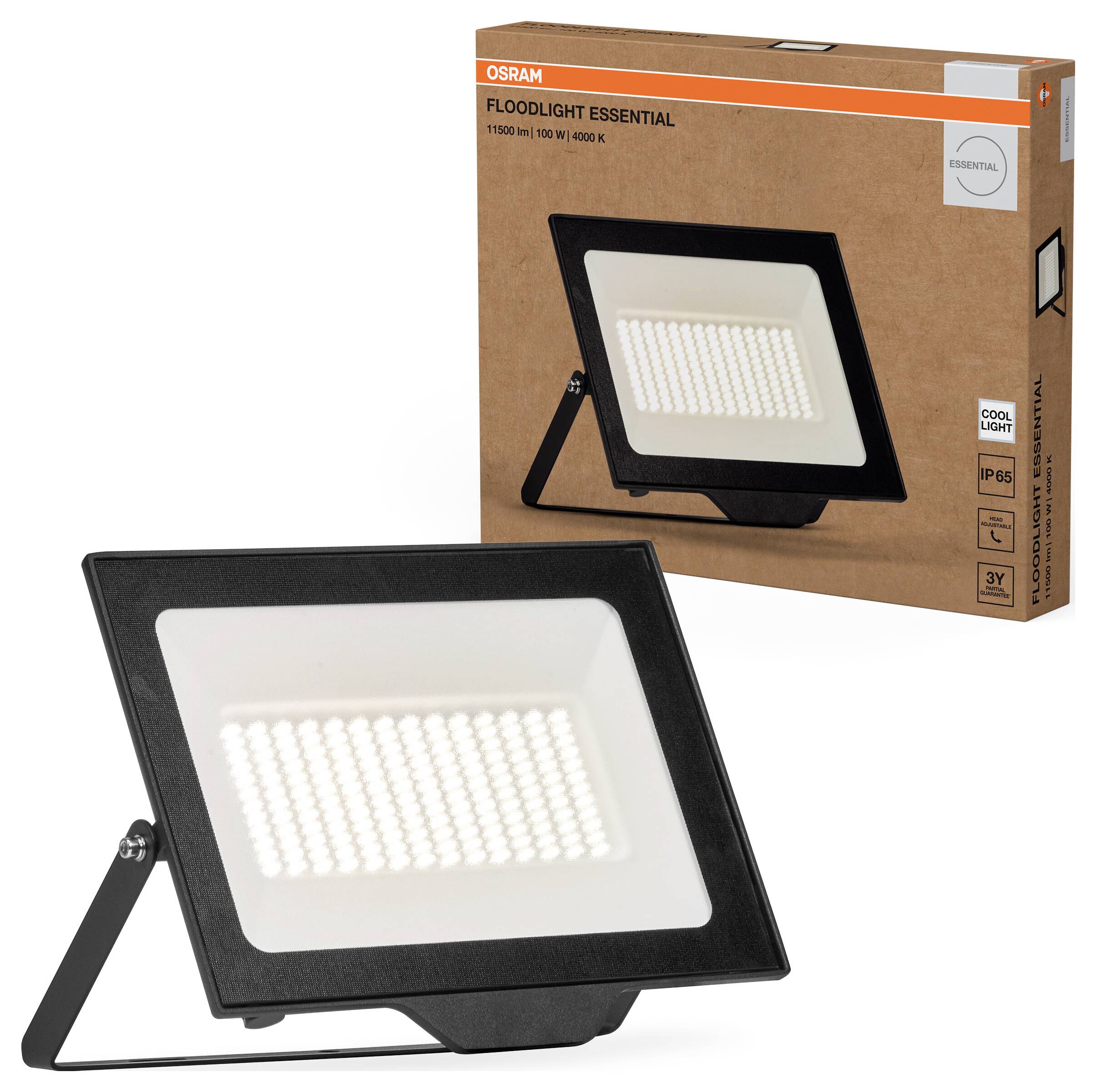 Projecteur OSRAM avec emballage en arrière-plan. Le produit est désigné comme 'Floodlight Essential', éclaire en blanc froid.
