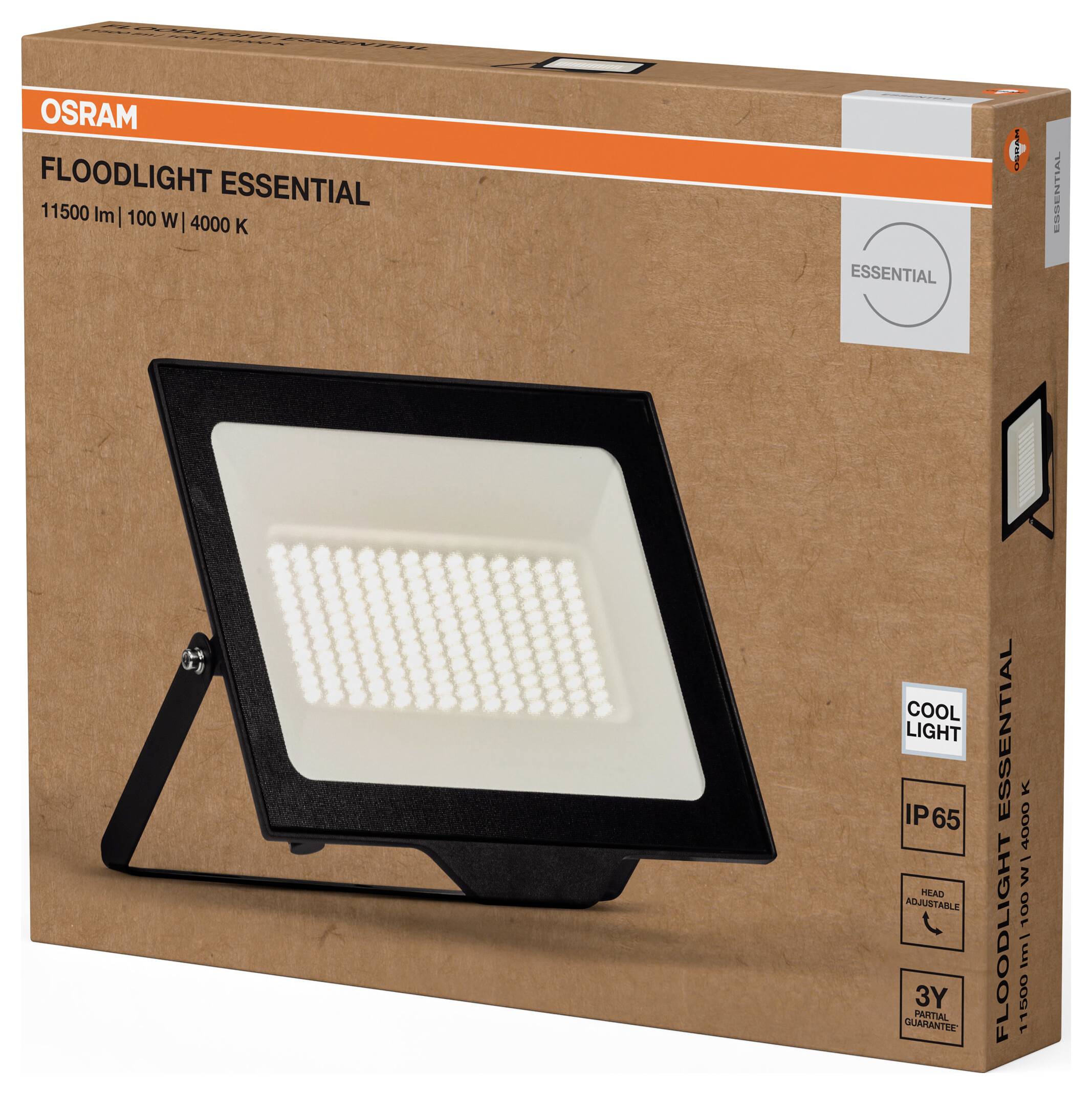 Emballage d'un projecteur LED OSRAM, modèle 'Floodlight Essential', 11500 lm, 100 W, 4000 K, IP65, 3 ans de garantie.