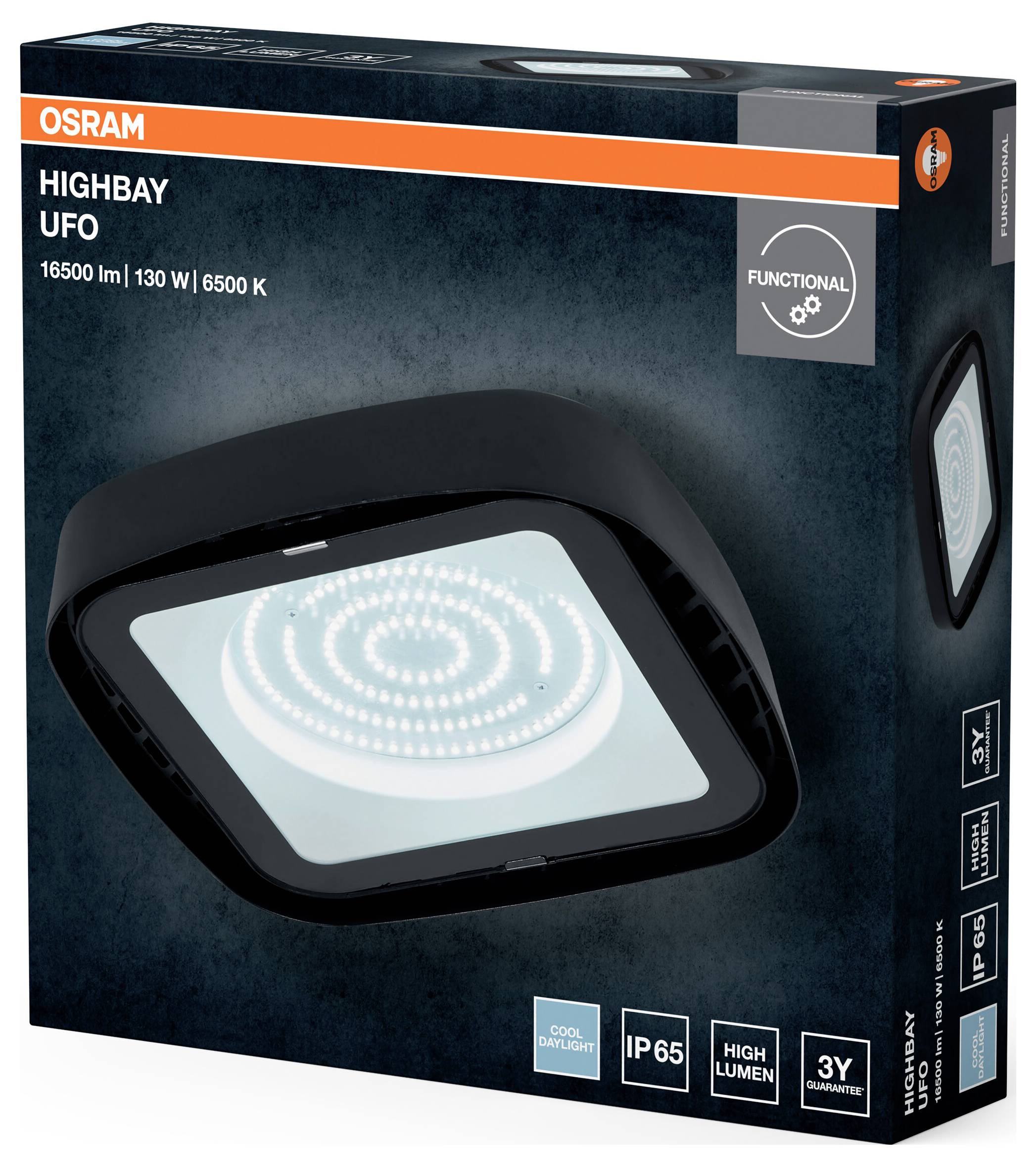 Projecteur LED industriel carré noir 'Highbay UFO' avec puissants 16500 lumens et 130 W, température de couleur 6500 K, illustré sur l'emballage.