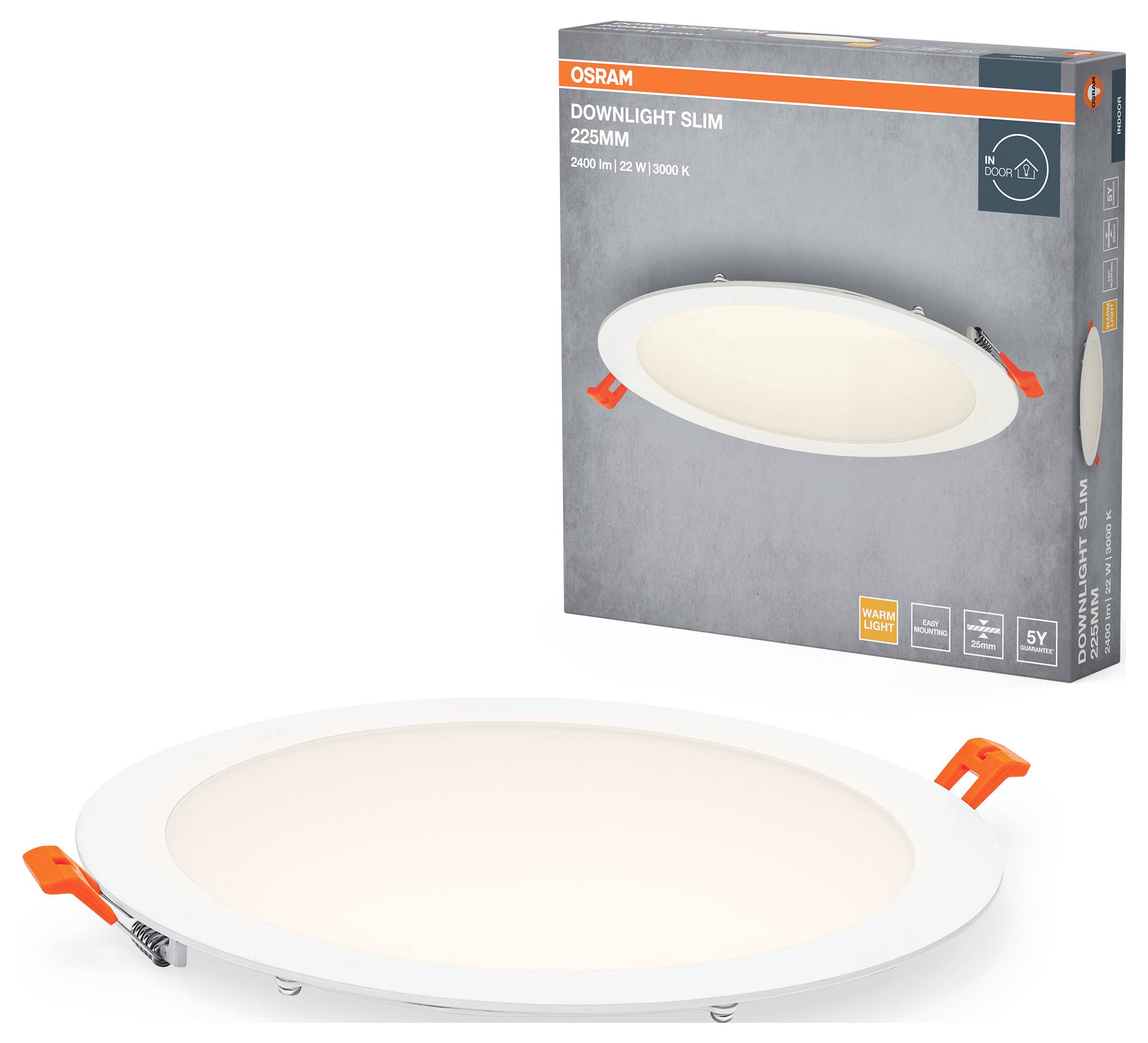 Une applique LED encastrable ronde et blanche d'Osram, diamètre 225 mm, 22W, 3000K blanc chaud, présentée à côté de son emballage produit.