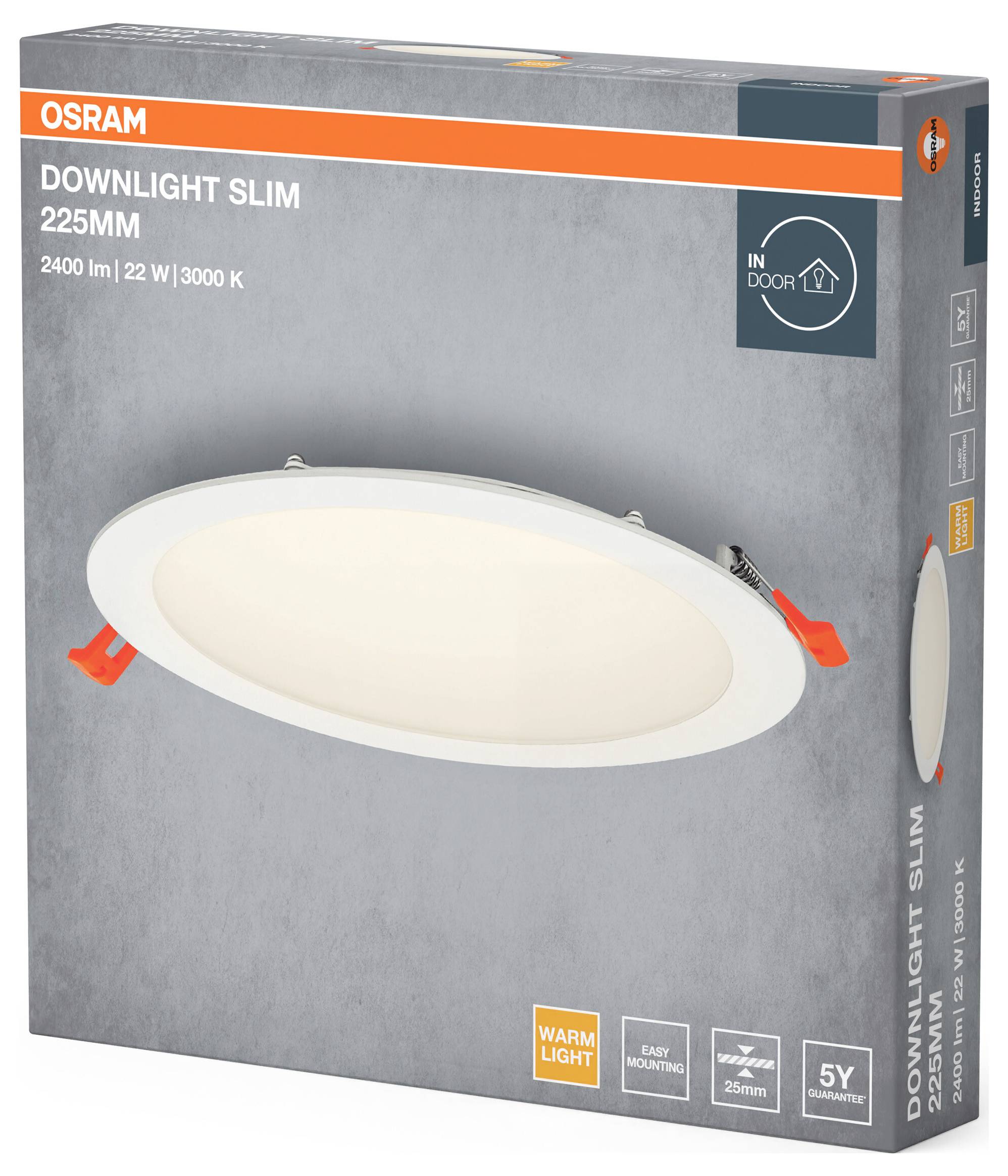 Downlight LED Osram Slim, 225mm, 2400 lm, 22W, 3000K, adapté aux espaces intérieurs. L'emballage présente un design rond et plat.