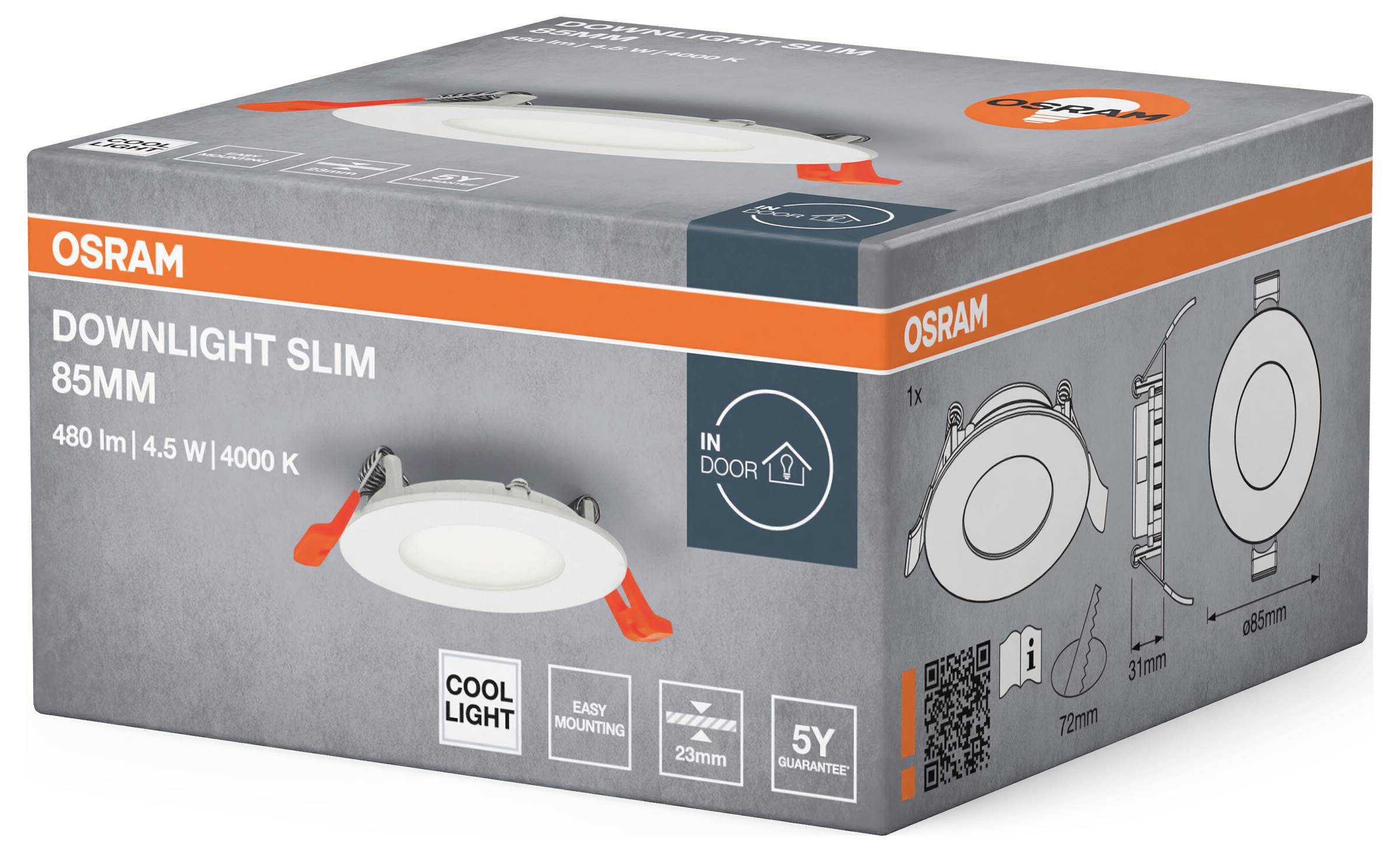 Emballage 'Osram Downlight Slim 85mm' avec image du produit, spécifications : 480 lm, 4,5 W, 4000 K, adapté pour l'intérieur.