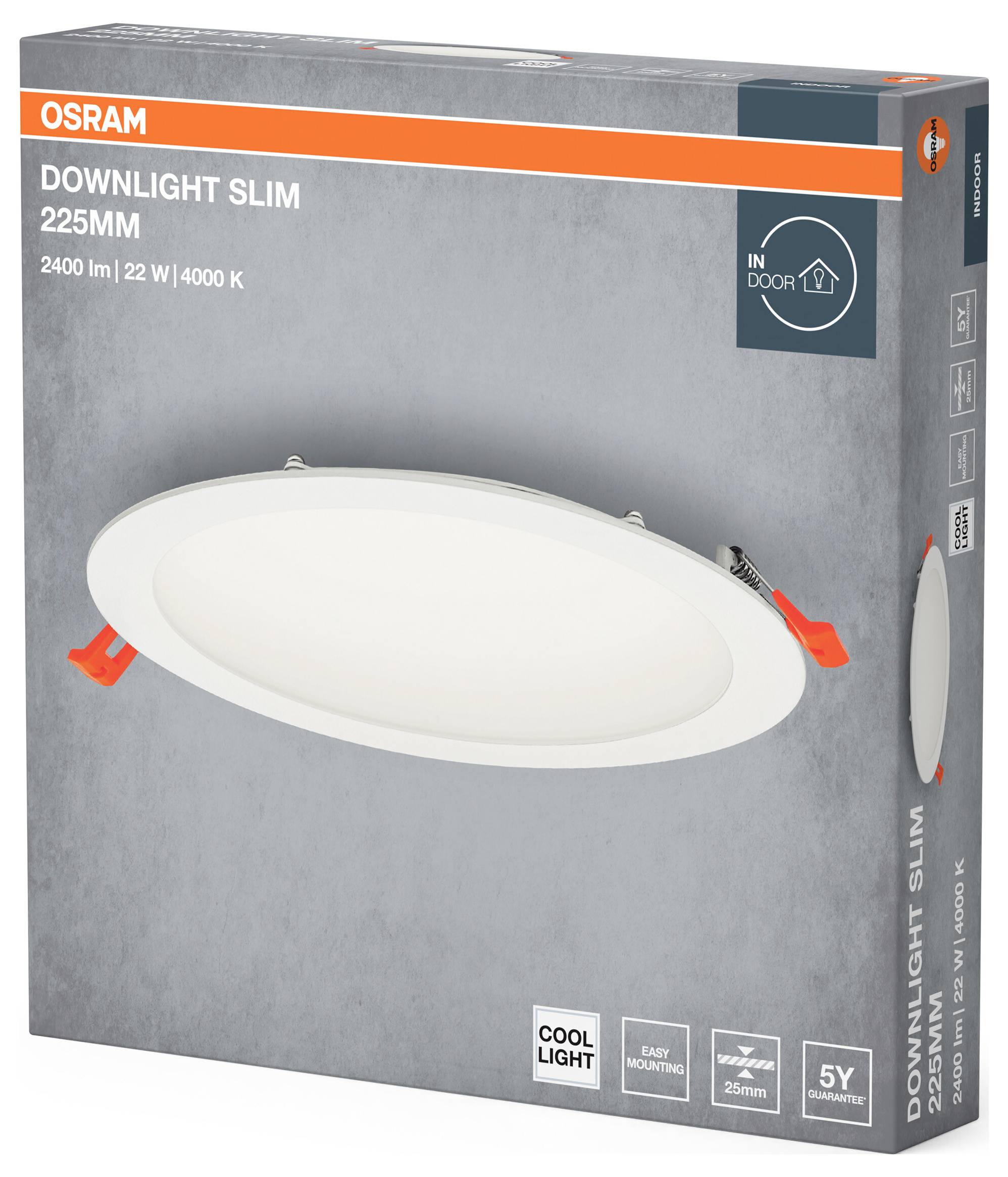 Emballage d'une lampe Osram Downlight Slim, 225 mm, 2400 lm, 22 W, 4000 K. Notice de montage et garantie de 5 ans incluses.