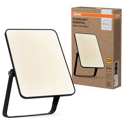 Projecteur OSRAM, rectangulaire avec support, illustré sur l'emballage ; 1800 lumens, 20 watts, 3000 Kelvin, lumière blanc chaud, IP65.