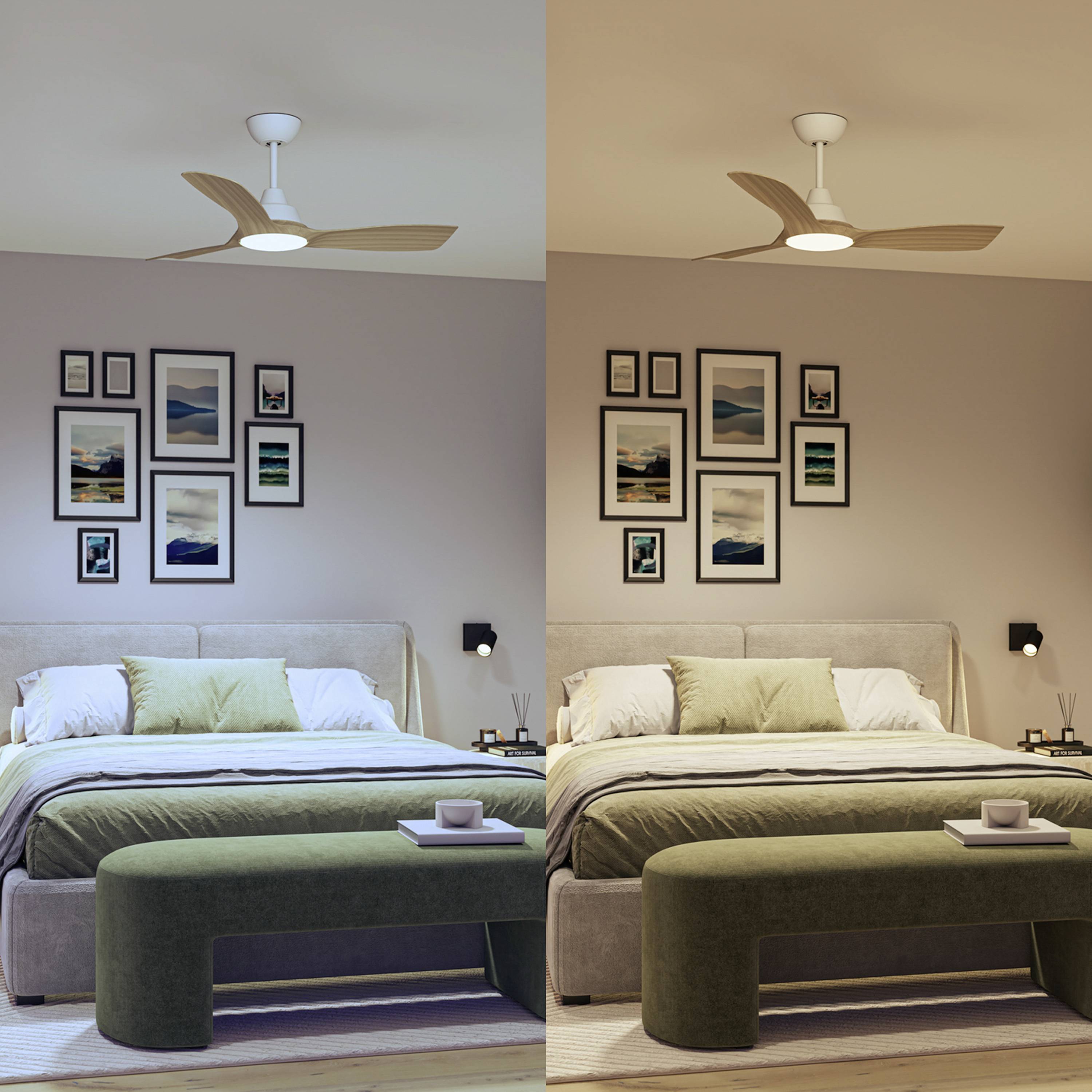 Une chambre à coucher avec un grand lit, des coussins décoratifs et des tableaux muraux. À gauche, on voit une lumière chaude, à droite une lumière froide.