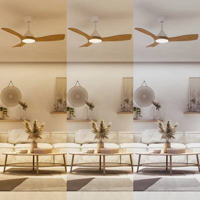 Trois photos d'un salon avec un ventilateur de plafond en bois et un canapé. Différentes ambiances lumineuses : chaude, neutre, froide.
