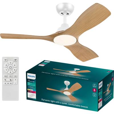 Ventilateur de plafond avec trois pales couleur bois et éclairage intégré, livré avec télécommande. Emballage avec image du produit et nom de marque.