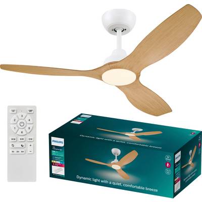 Ventilateur de plafond avec trois pales en bois et un boîtier blanc, télécommande et emballage d'origine inclus.