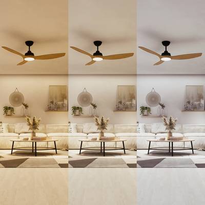 Trois images côte à côte d'un salon avec différentes températures de couleur : blanc chaud, blanc neutre et blanc froid. Un ventilateur de plafond est visible dans toutes les images.