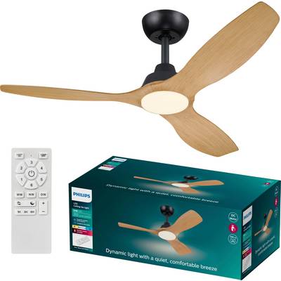 Ventilateur de plafond à trois pales en bois, avec éclairage LED intégré et télécommande, représenté sur son emballage.