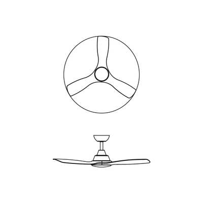 Un diagramme simple d'un ventilateur de plafond vu de dessous et de côté, montrant les pales du rotor et le support.