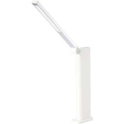 Une lampe de bureau moderne et blanche au design élancé avec un bras réglable, idéale pour éclairer directement les espaces de travail.