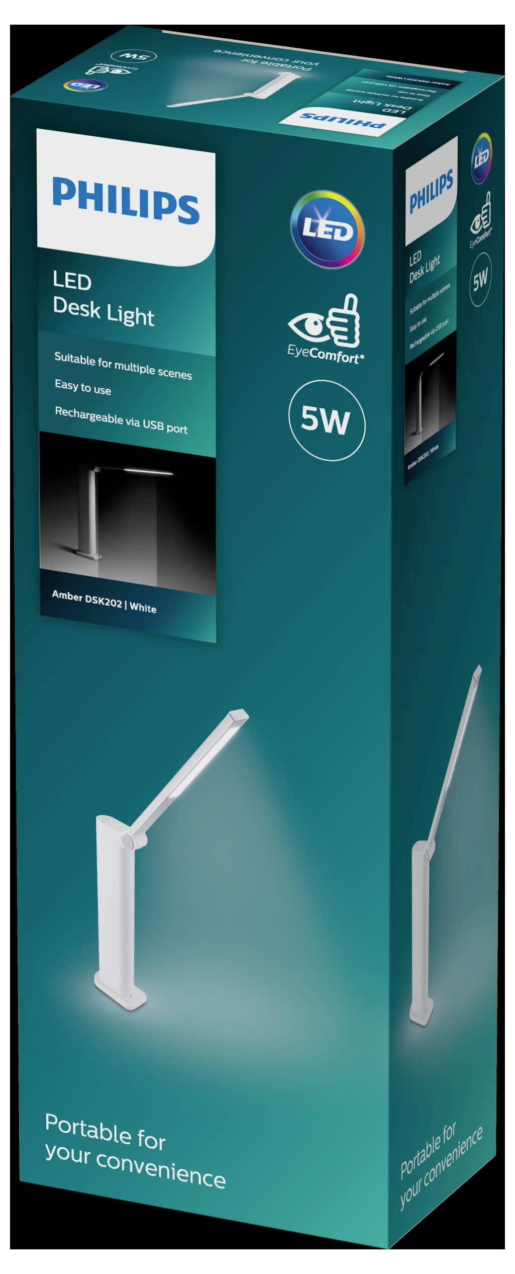 Emballage d'une lampe de bureau LED Philips, 5W, adaptée à différentes ambiances, facile à utiliser, rechargeable par USB.