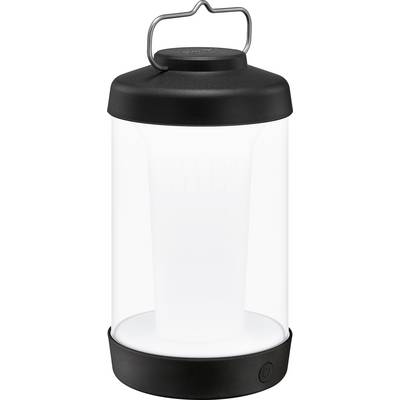 Lanterne portable noire avec lumière blanche et poignée de transport, adaptée pour le camping et les activités de plein air.