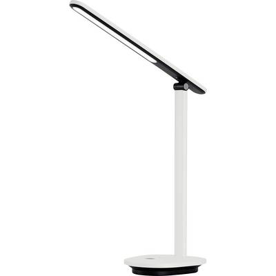 Lampe de bureau blanche élancée avec tête pivotante sur socle rond, design minimaliste pour intérieur moderne.