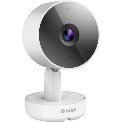 Une caméra de surveillance D-Link blanche avec un panneau frontal rond noir et un objectif intégré sur un pied.