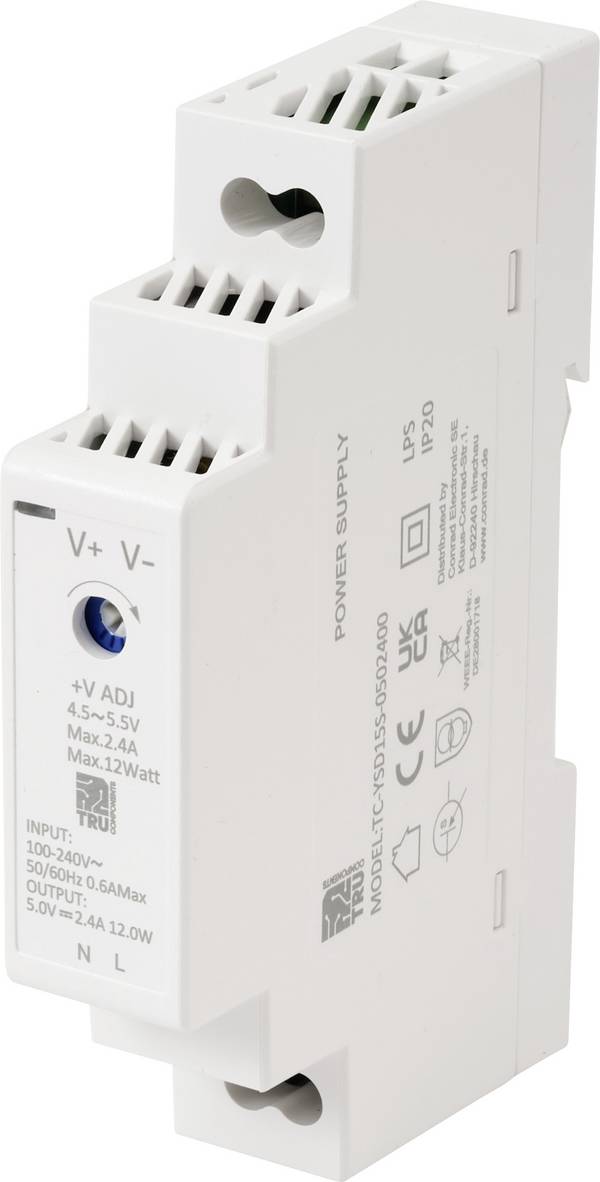 TRU COMPONENTS TC-13713360 Alimentation rail DIN Consommation (veille) 0.3 W 5 V/DC 2.4 A 12 W Nbr. de sorties:1 x  Contenu 1 pc(s)