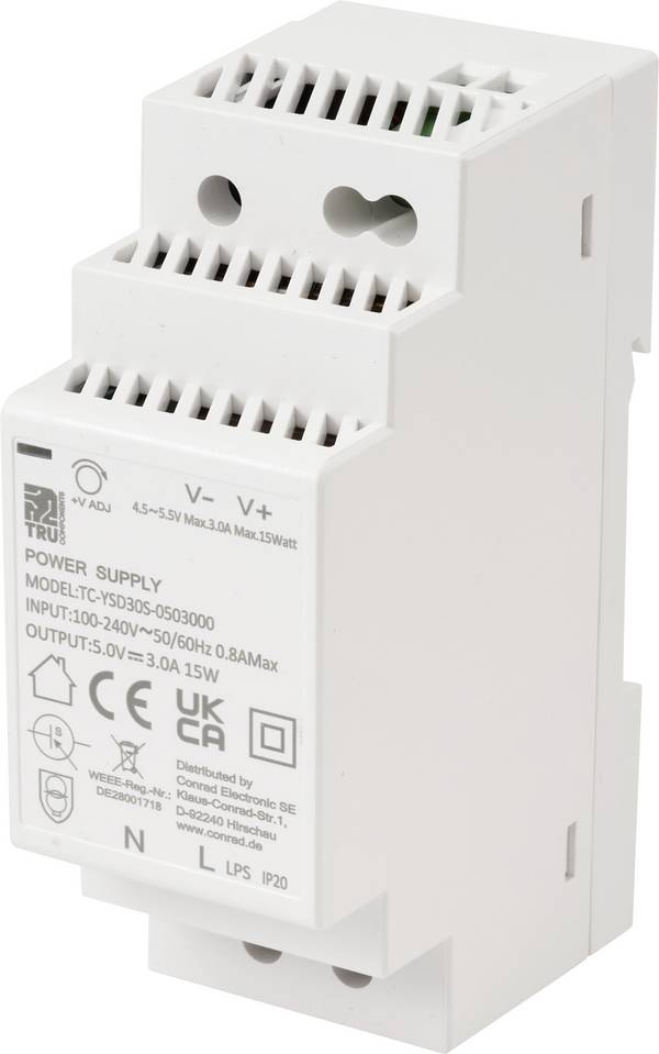 TRU COMPONENTS TC-13713368 Alimentation rail DIN Consommation (veille) 0.3 W 5 V/DC 3 A 15 W Nbr. de sorties:1 x  Contenu 1 pc(s)
