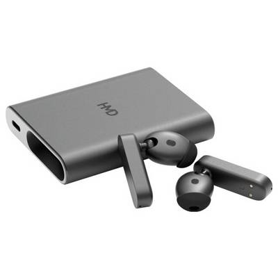 Écouteurs sans fil noirs avec étui de charge.