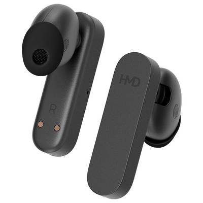 Écouteurs sans fil noirs au design ergonomique, oreillette droite marquée 'R', avec capteurs de charge et logo HMD.