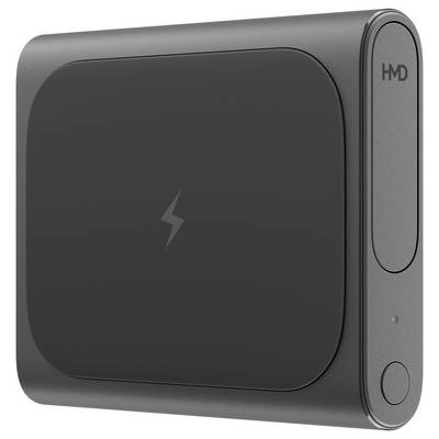 Disque dur externe portable en noir, avec un symbole d'éclair au centre, conception plate et compacte.