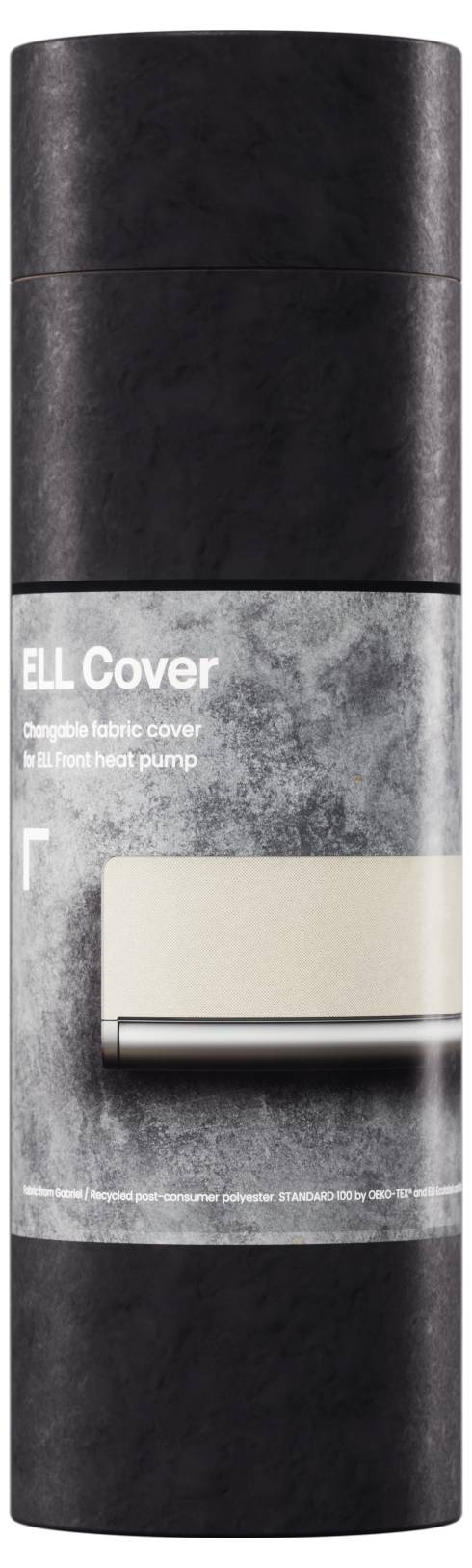 Emballage cylindrique noir avec le texte 'ELL Cover' sur l'étiquette. Montre l'image d'un boîtier pour une pompe à chaleur murale.