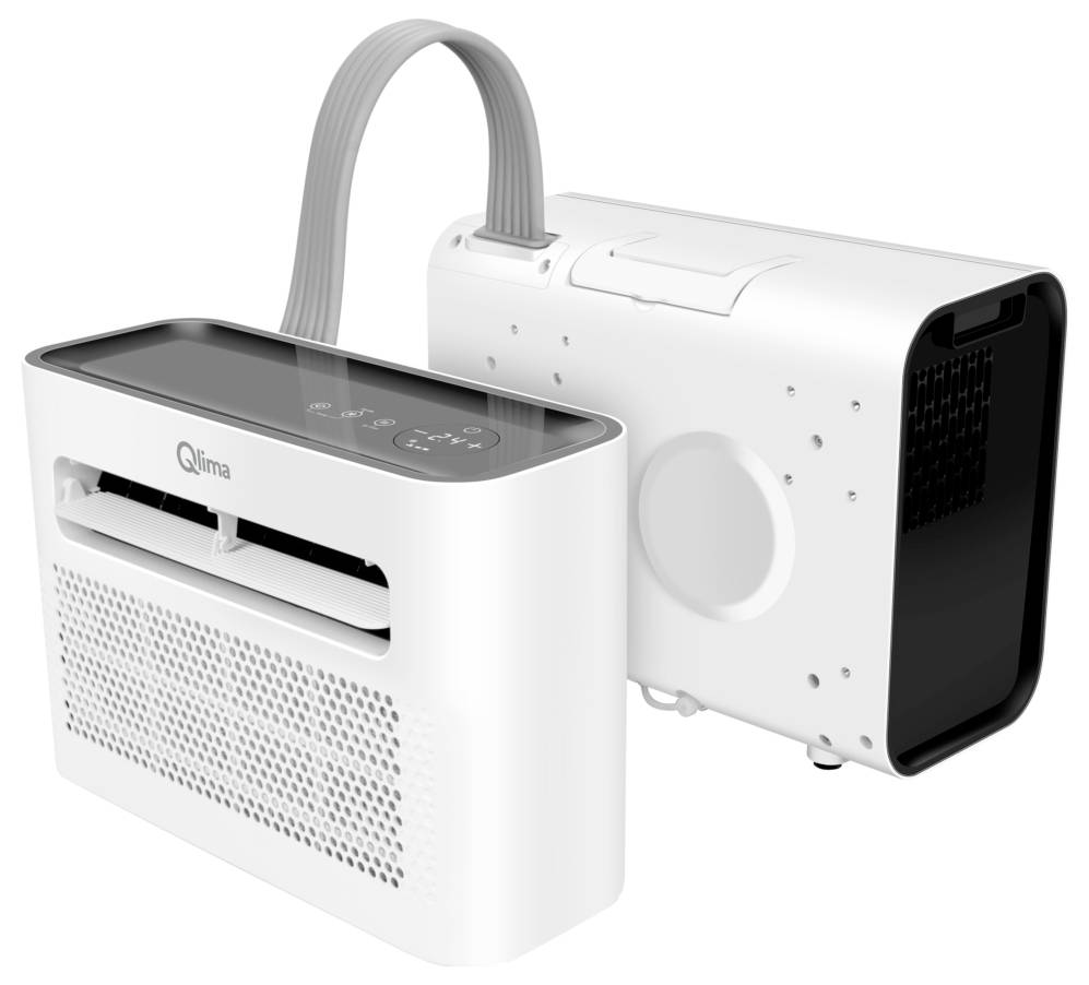 Climatiseur mobile en deux parties, une pour l'intérieur avec les commandes, l'autre pour l'extérieur, avec tuyau de raccordement.