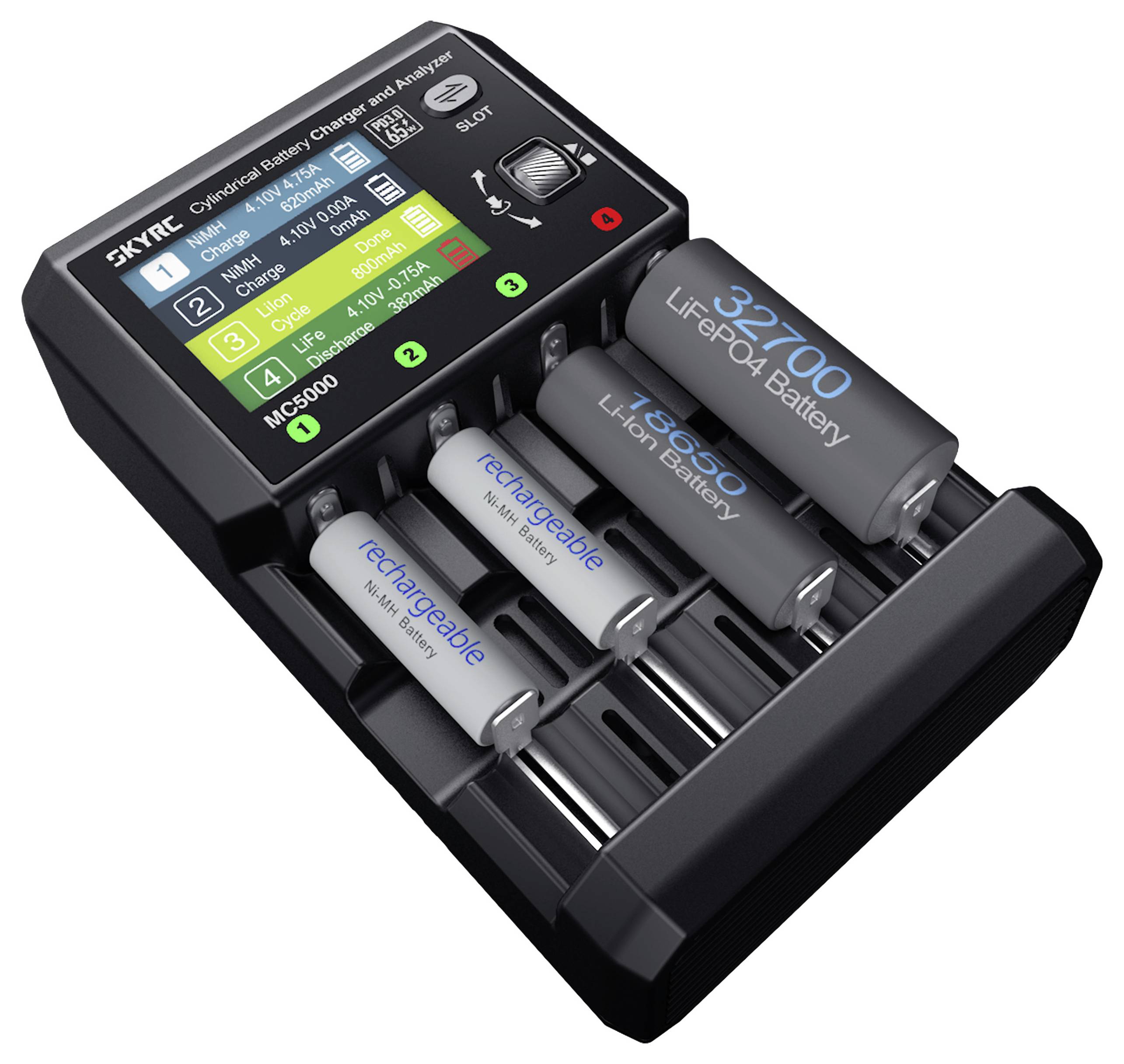 Chargeur de batterie à quatre emplacements avec écran numérique affichant les niveaux de charge pour différentes tailles et types de batteries, y compris les batteries LiFePO4.