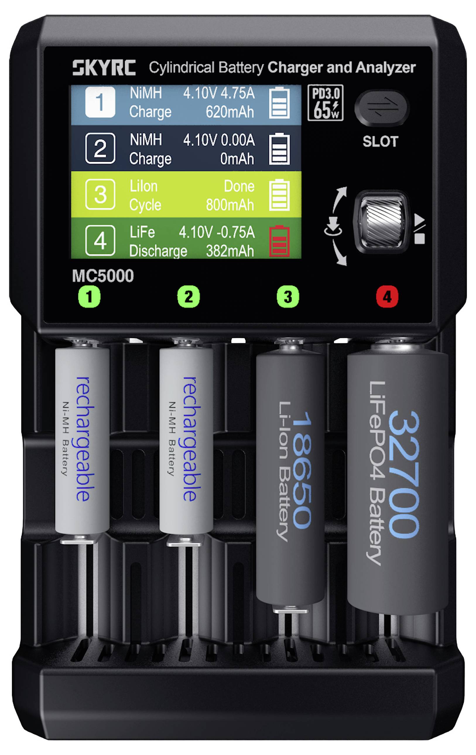 Un chargeur de batterie avec affichage numérique indiquant les types de charge et de batteries pour NiMH, Li-ion et LiFePO4. Quatre batteries cylindriques insérées.