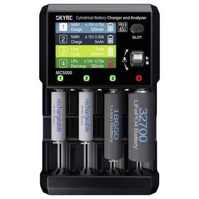 Un chargeur de batterie avec affichage numérique indiquant les types de charge et de batteries pour NiMH, Li-ion et LiFePO4. Quatre batteries cylindriques insérées.