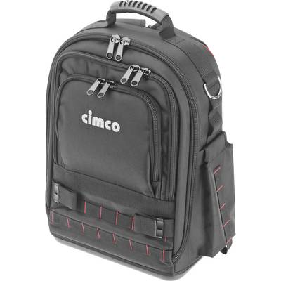 Sac à dos à outils noir avec poignée, plusieurs compartiments et détails rouges, avec le logo blanc 'cimco' sur la face avant.