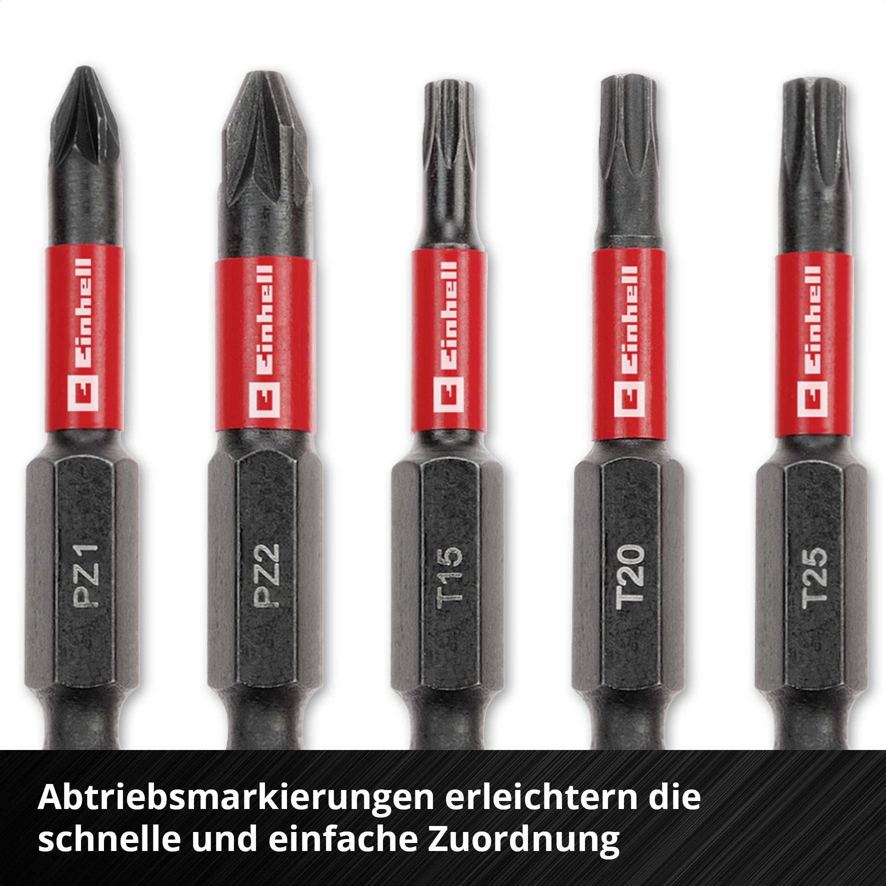 Cinq embouts de tournevis avec différentes têtes et marquages rouges pour une identification rapide. Inscription 'Einhäll'.