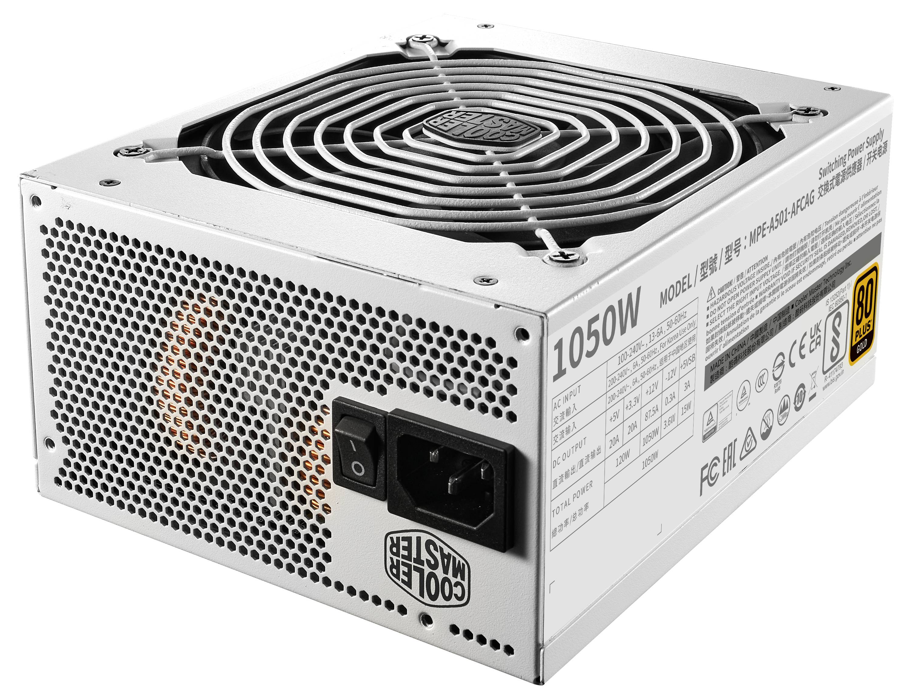 Bloc d'alimentation pour ordinateur de 1050W avec ventilateur de refroidissement et plusieurs logos de certification sur le côté, doté d'un boîtier métallique.