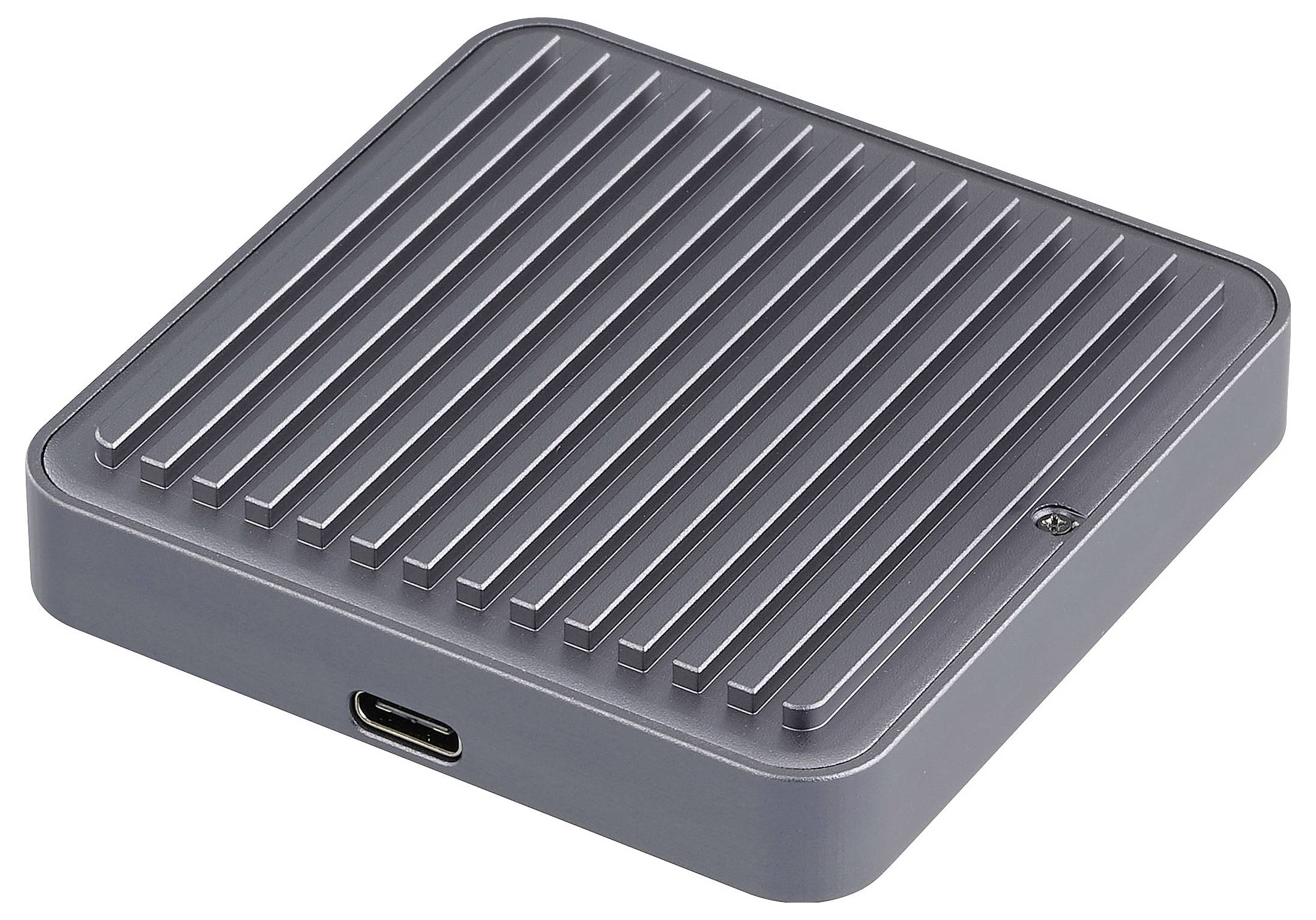 Un disque dur externe compact, carré, à état solide, en gris mat avec une surface striée et un port USB-C sur le côté.