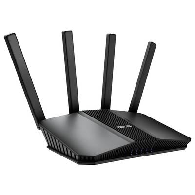 Un routeur sans fil noir avec quatre antennes, arborant un logo 'ASUS'.
