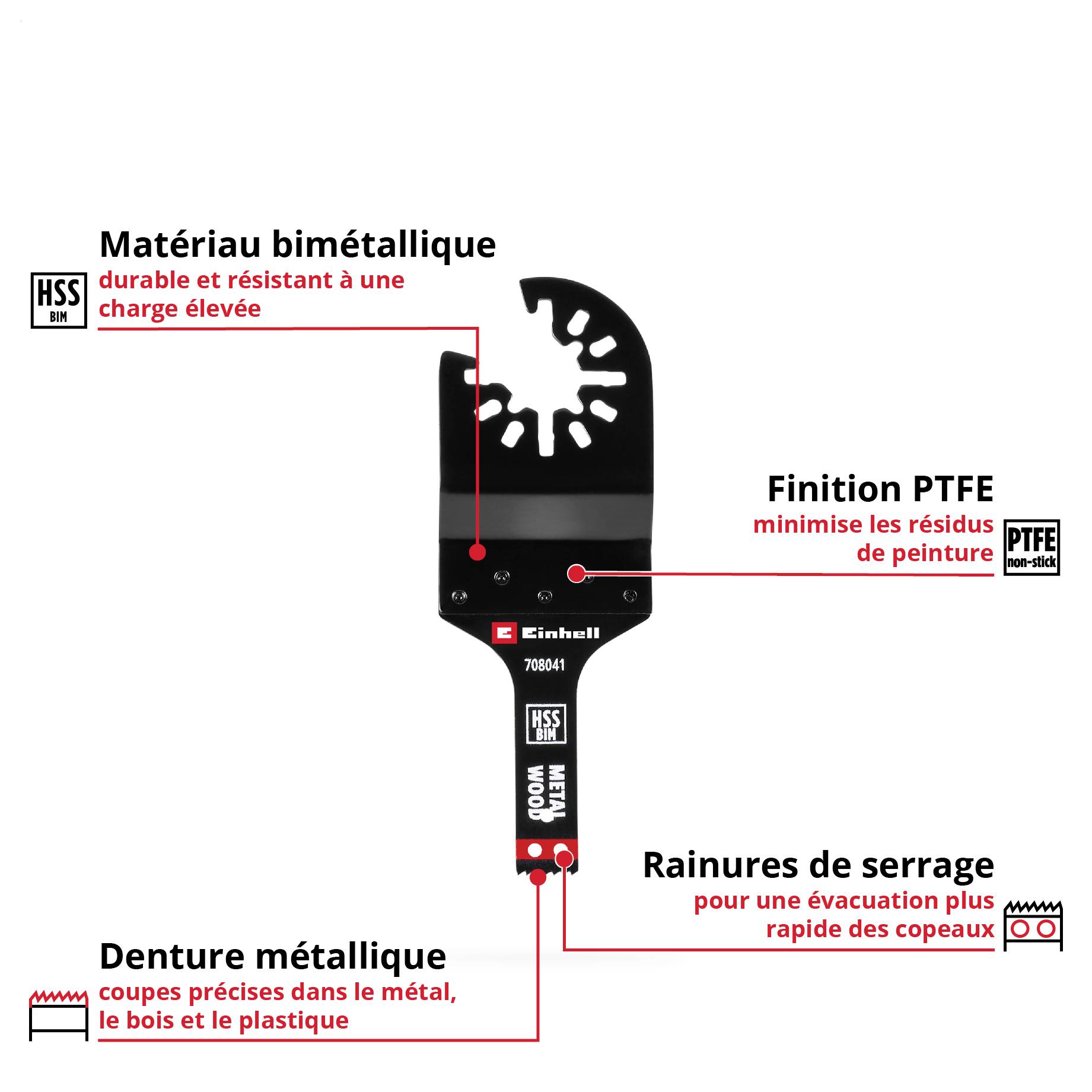 Lame d'outil Einhell en bimétallique pour des coupes précises dans le métal, le bois et le plastique. Le finition PTFE réduit les résidus de peinture.